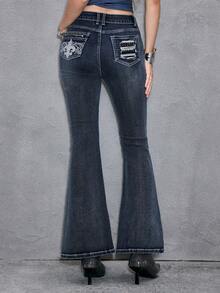 ROMWE Y2K Sexy Punk Style Vintage Low Waist Super Short Zipper Rivet Pocket Embroidery Women Denim Jeans, Spring/Summer Swimming Pastal - Medium Wash - View 7