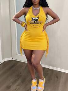 Slaydiva Yellow Summer Kawaii Rave Plus Size Mini Bodycon Dress,Y2K Street Style Sleeveless Halter Tie-Knot Side Tassel Chest Logo Print Knit Fabric - Yellow - View 3