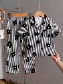SHEIN 女童条纹图案翻领纽扣短袖宽松舒适梭织睡衣套装，两件套 - 黑與白 - 查看 3