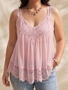 Solflare Plus Size Women's Lace Sheer Sexy Camisole Top For Summer - Baby Pink - View 1