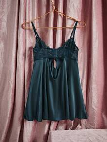 SHEIN 女士蕾丝拼接露背吊带性感内衣连衣裙 - 霧霾藍 - 查看 2