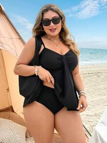 Swim Lushoire 2026 Spring/Summer Plus Size Ruched Front Tankini Swimwear Set For Women - Black - View 3