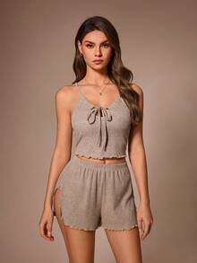 Lazeform Women's Super Soft Textured Ribbed Camisole And Shorts Set, Casual Loungewear - Khaki - View 5