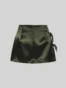 Sweetra Chân váy mini satin màu hồng dáng chữ A xẻ tà gợi cảm thắt nơ, thiết kế mùa xuân/hè dành cho nữ, thích hợp mặc hàng ngày. - màu xanh lá - Xem 2