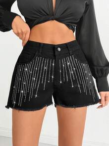 SHEIN 女士水钻刺绣时尚牛仔短裤 - 黑色 - 查看 7