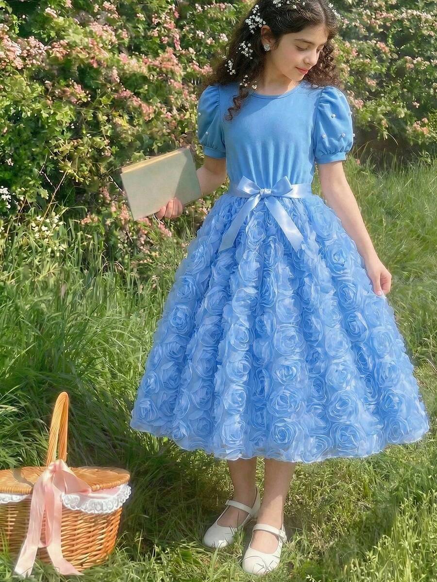 矢車菊藍夏季優雅花童禮服，2026春季女童套裝，珍珠袖3D花朵設計，柔軟面料度假旅行洋裝附腰帶