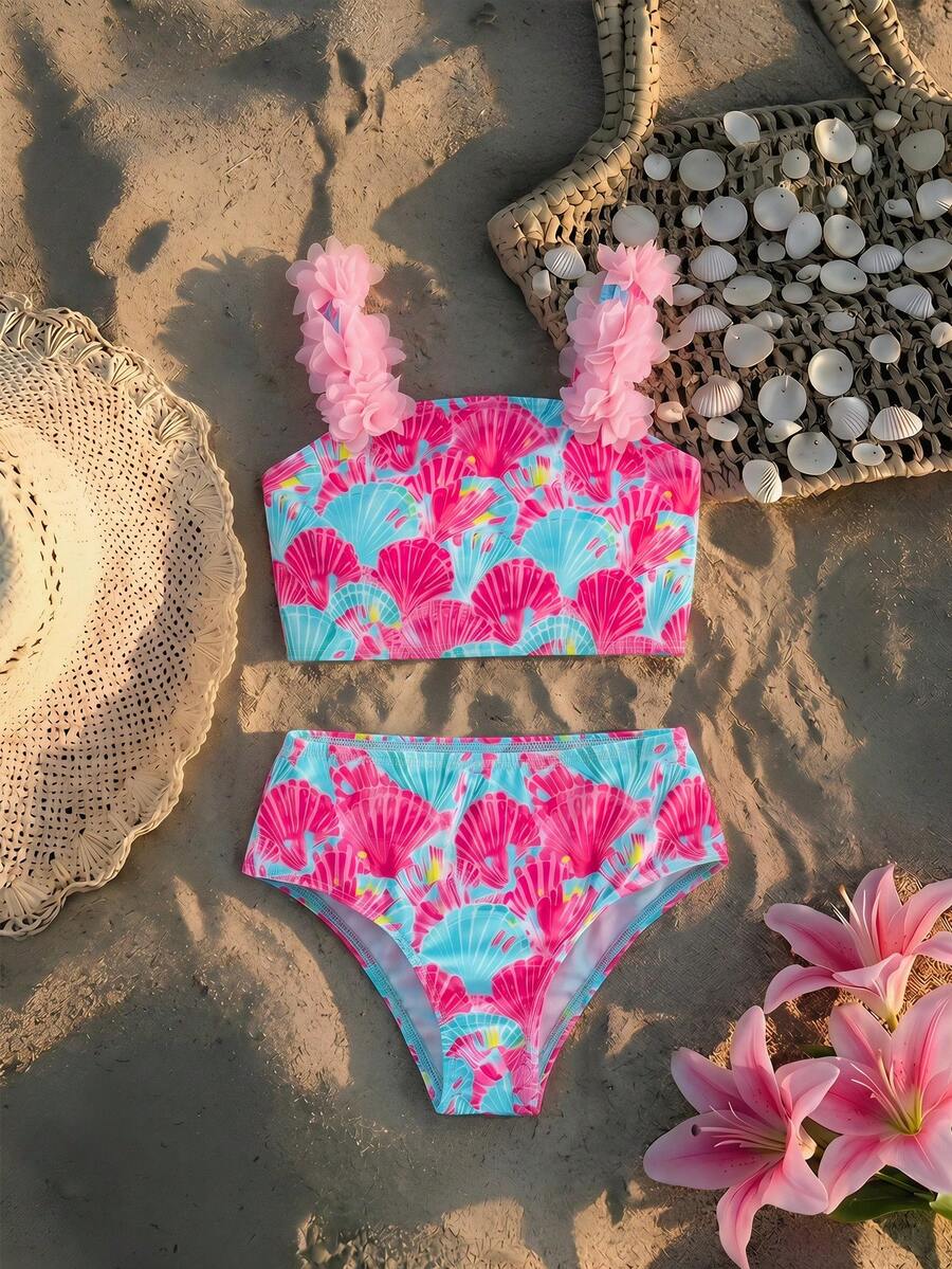 SHEIN 女童针织贝壳图案3D立体花卉可爱吊带背心和泳裤两件套 - 彩色 - 查看 1