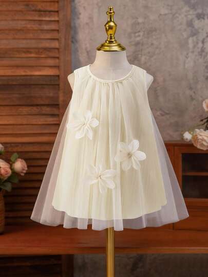 SHEIN Glamorique Kids 女婴甜美梦幻网纱连衣裙，精致3D立体花朵装饰，适合外出、度假、拍照、各种场合、夏季穿着、婚礼、派对等。