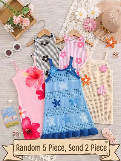 SHEIN [Randomly Select 5 Groups, Send 2 Groups]! Surprise Gift Package!! Young Girl Knitted Striped Floral Pattern Mandarin Collar Sleeveless Dress Young Girl Crochet Knit Sleeveless Dress With Starfish & Shell Pattern Young Girls Cute Fish 3D Decor Camisole Dress, Handmade Knitted Fish & Wave Pattern Dress, Suitable For Beach Vacation, Hawaii Style Squishy Cover Ups For Swimwear  Young Girl Starfish Jacquard Hollow Out Dress  Young Girl Summer Beach Vacation Fitted Casual Comfortable Floral Print Spaghetti Strap Dress, Soft And Comfortable, Bohemian, Music Festival