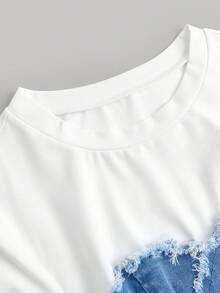 SHEIN MOD 女款休閒修身彈性牛仔拼接短袖上衣 - 淺色水洗藍 - 查看 3