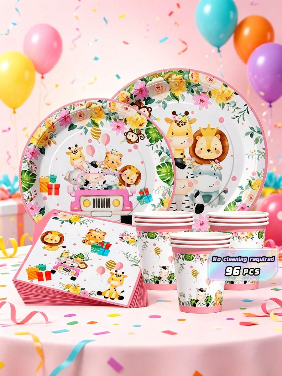 Platos, servilletas y vasos desechables con diseños de mascotas lindos y coloridos, set de suministros para fiestas que sirve a 24 personas, vajilla de papel desechable apta para cumpleaños, bodas, fiestas temáticas, picnics familiares. - Ver 1