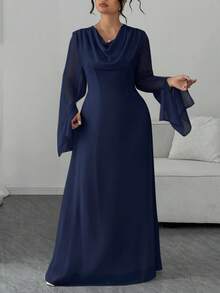 Elenzga Plus Size Women's Elegant Traditional Waist Cinched Long Sleeve Hooded Dress, Suitable For Autumn Outings, Wedding Fall Evening Formal Navy Blue - Navy Blue - View 3