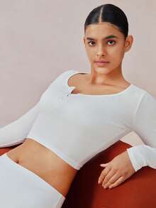 Veilyse 2PCS Women's Solid Color U-Neck Button Front Long Sleeve Crop Top & High Waist Shorts Lounge Set - White - View 8