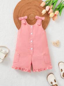 SHEIN Playful Pals 1件女嬰休閒可愛舒適水洗棉牛仔無袖連身褲，附蝴蝶結 - 粉色 - 查看 3