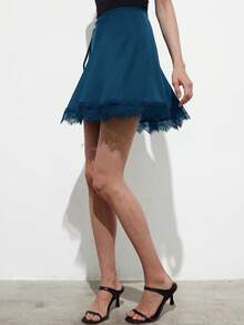 Aveloria Modichic Women's New Low-Waist Satin Solid Color Lace Patchwork Wrap Skirt Tea Party Date Night Teal Blue Autumn Elegant Sexy - Blue - View 3
