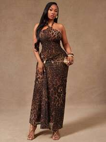 Radiana Plus Size Women's Brown Elegant Summer Leopard Print Halter Tie Bodycon Ruched Metal Decor Dress For Night Out Club,Prom Gathering Banquet Party - Multicolor - View 3