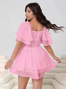 Solflare Plus Size Women Solid Color Square Neck Raglan Sleeve Casual Jumpsuit - Pink - View 3