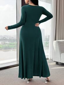Modelyn 女款純色抓皺腰部優雅成熟中長洋裝，適合派對、晚餐、酒吧及各種場合，深綠色，秋季婚禮適用 - 水鴨藍 - 查看 2