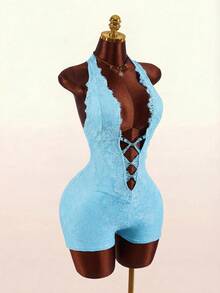 Amplova Bộ jumpsuit nữ không tay cổ chữ V sâu, viền ren - Màu xanh lam - Xem 3