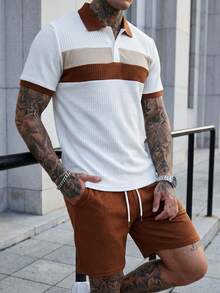 Manfinity CasualCool Men's Casual Contrast Color Polo Shirt And Shorts Set, Summer - Multicolor - View 3