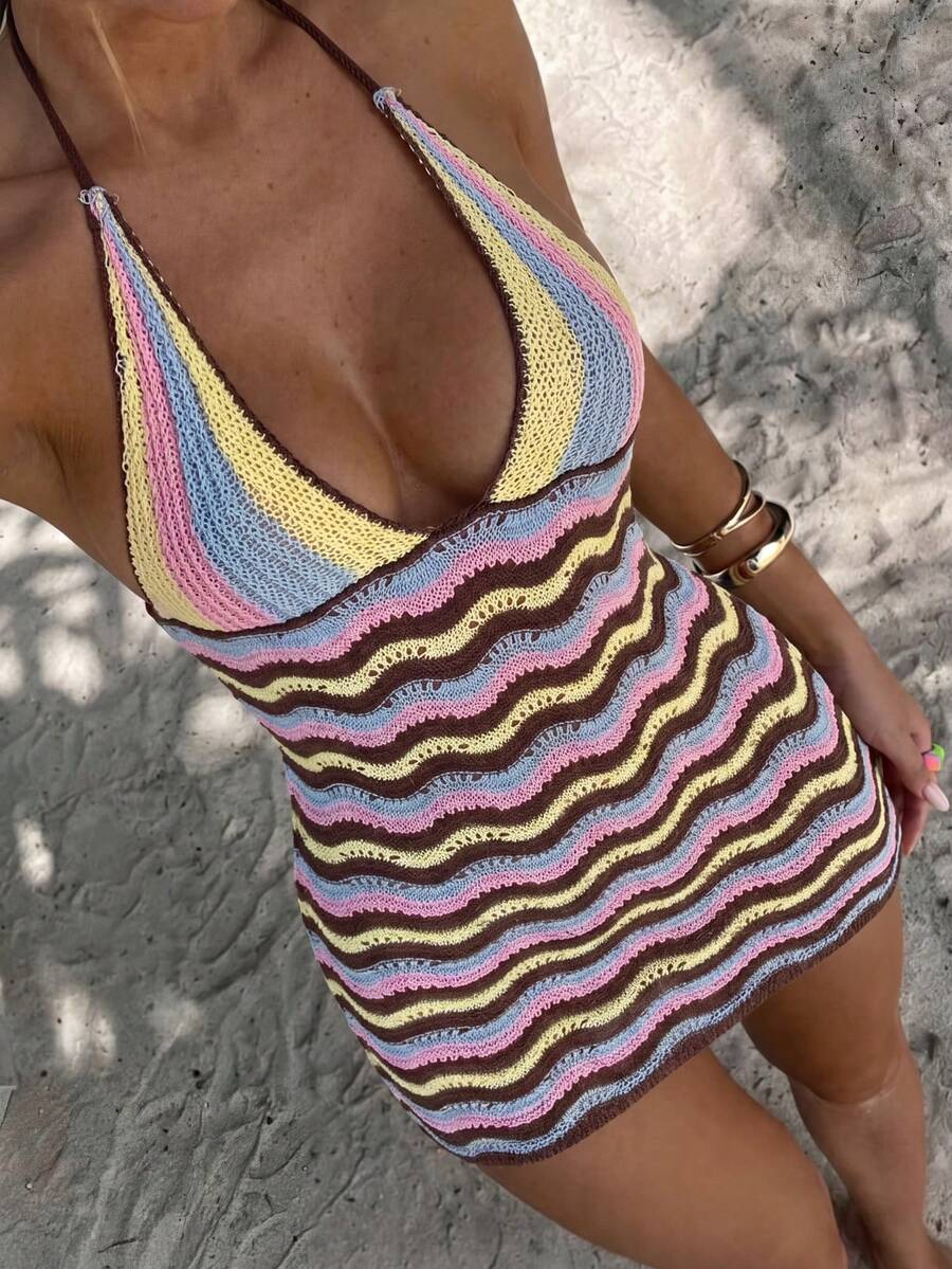 Glamine Vestido de punto con tirantes finos, de rayas onduladas y efecto ombré en multicolor, adecuado para vacaciones, fiestas y atuendos de playa - Multicolor - Ver 1