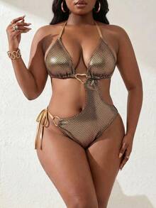 Slaydiva 2026 New Women's Spring/Summer Halter Metallic Sexy Plus Size One-Piece Swimsuit For Beach Gym - Gold - View 5