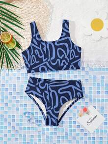 Young Girl All-Over Print Scoop Neck Casual Minimalist Camisole & Triangle Bikini Set Set, Suitable For Summer - Multicolor - View 3