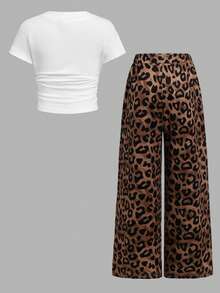 Young Girl Casual Vacation Printed Knit Ruched Short Sleeve Top And Matching Leopard Print Pants Set,Girls Spring/Summer - Multicolor - View 4