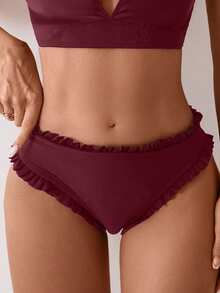 SHEIN Swim 女款紅色荷葉邊比基尼泳褲 夏季海灘泳池派對適用 可愛性感優雅 - 酒紅色 - 查看 3