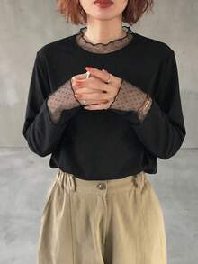 FRIFUL 纯色拼接薄纱波点网眼宽松休闲百搭T恤 - 黑色 - 查看 6