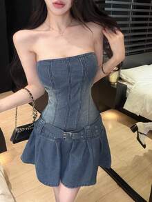 Joudiya Women's Distressed Denim Mini Dress, Fitted Sleeveless Casual Dress For Spring & Summer - Blue - View 8