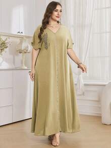 Al Najma Vestido largo de manga corta de unicolor, talla grande, estilo turco y árabe para mujeres - Caqui - Ver 4