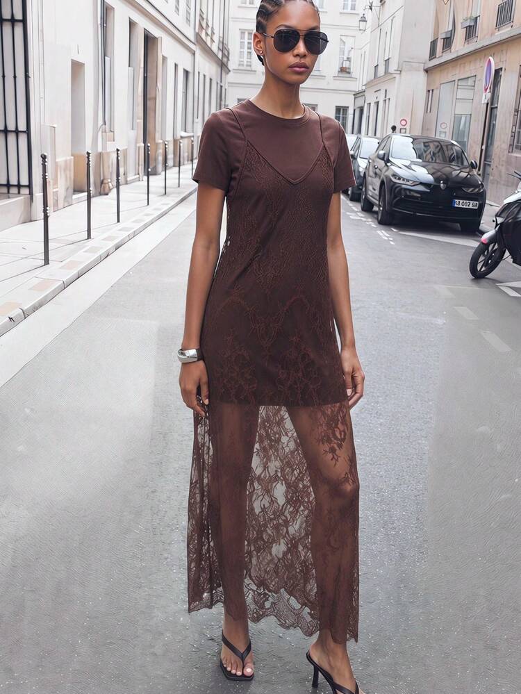 SHEIN Maija Neues kaffeefarbendes, sexy Spitzen-Camisole-Kleid, abnehmbar, vielseitig tragbar für Cocktailpartys, Zusammenkünfte, elegante Karnevale, Valentinstag, Schulanfang, Musikfestivals