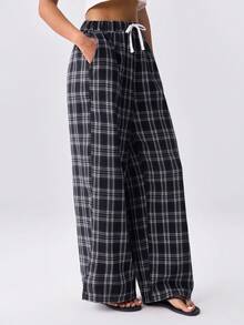 Loungeista Women's Plaid High Waist Drawstring Wide Leg Pants, Loose Fit, Suitable For Outdoor Wear, Spring/Summer/Autumn - Black and White - View 5