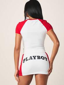 Missguided x Playboy Mini Skirt With Contrast Side Panels Black Drawstring Waistband Bunny Logo Athletic Style Streetwear, World Cup 2026 Sporty Game Streetwear Jersey - Red and White - View 3