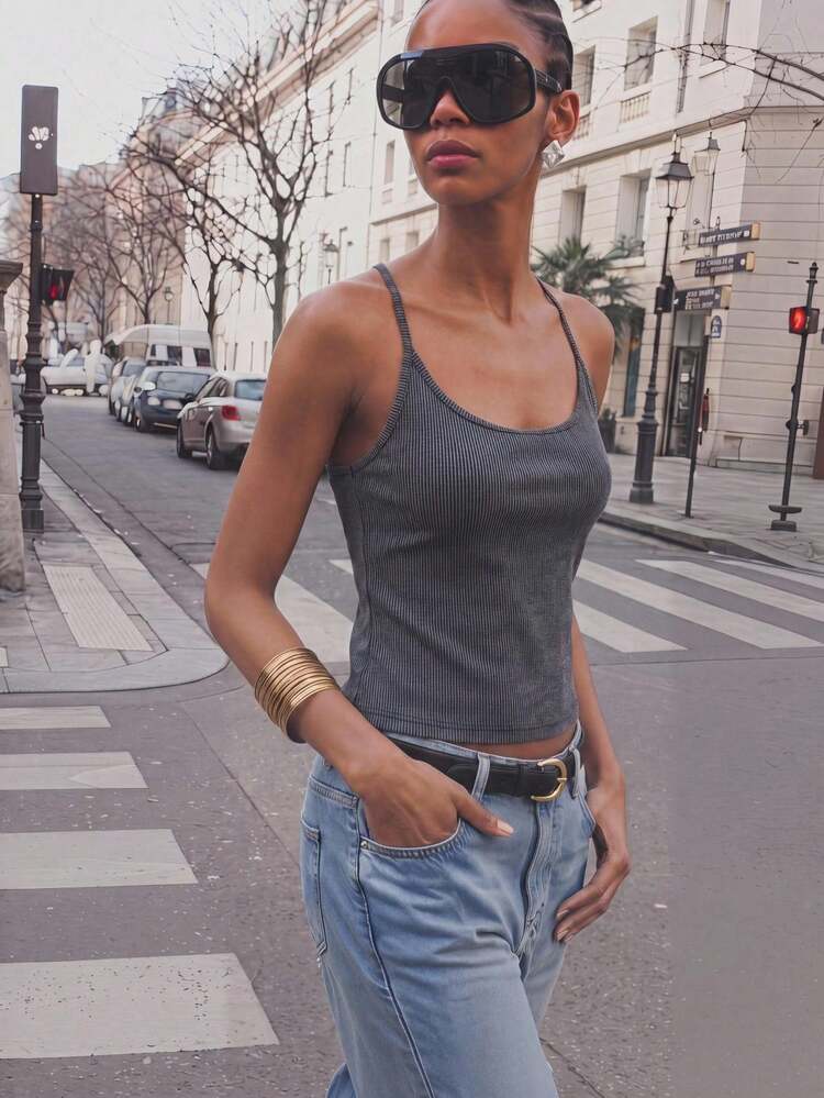 SHEIN Maija Débardeur urbain minimaliste pour femmes sans manches, dos nu, avec lacets et décoration en métal à œillets
