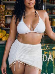 SHEIN Swim 大尺碼 2026 夏季新款海灘度假黑白貝殼飾邊兩件式罩衫 - 黑與白 - 查看 4