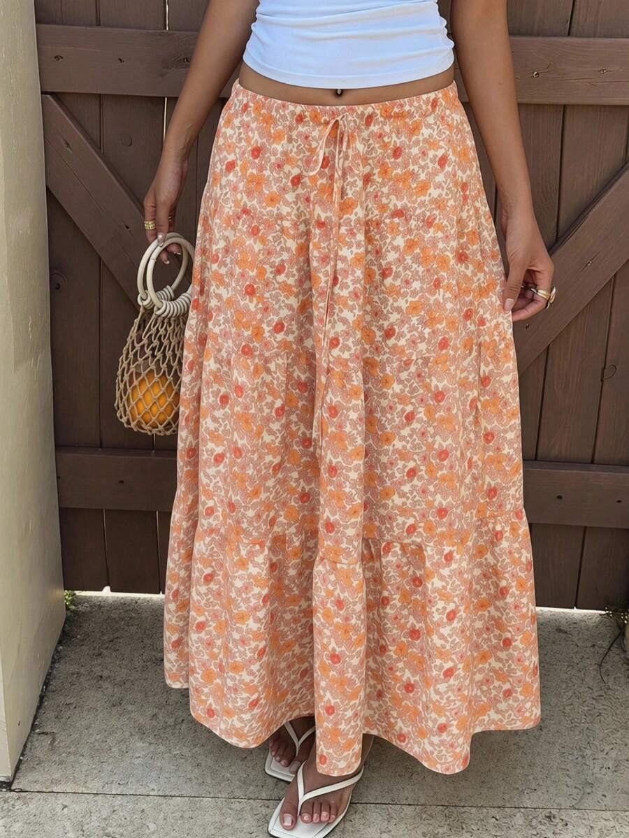 SHEIN EZwear 碎花编织女士休闲度假荷叶边半身裙 - 彩色 - 查看 1