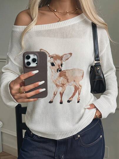 CovetEZ Suéter ligero de manga larga para mujer, suéter de punto de manga larga con estampado de ciervo de hombros descubiertos para mujer en verano, suéter holgado de punto con estampado de ciervo lindo y puños acanalados para mujer, suéter de manga larga con estampado de ciervo de hombros descubiertos y elegante para mujer, suéteres ligeros para mujer y adolescentes, ropa linda para mujer, atuendos para mujer en invierno