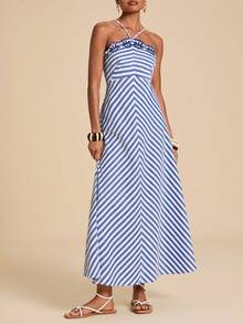 Travachic Embroidered Striped Casual Dress - Blue and White - View 4