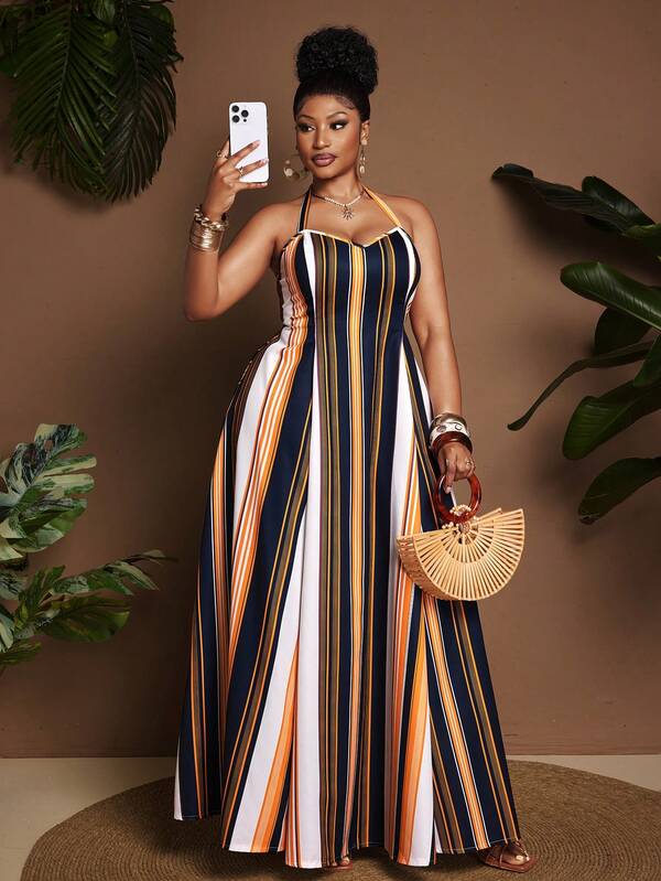 Maweii Plus Size Sleeveless Retro French Striped Elegant Dress