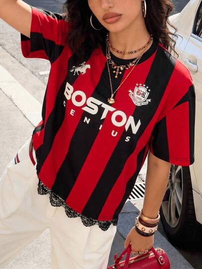 Muchica Women's Spring/Summer New Lace Trim Colorblock Striped T-Shirt