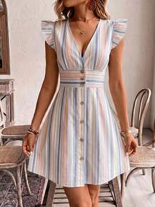 Vestido de mujer con cuello en V, mangas cortas y línea A con decoración de botones - Multicolor 2 - Ver 4