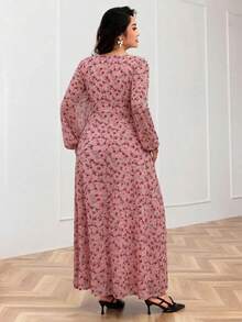 Feyla Plus Size Floral Print V-Neck Lace Patchwork Elegant Long Sleeve Dress Fall - Pink - View 2