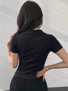 DAZY Kaos Polo Hitam Wanita, Kaos Lengan Pendek Kasual Slim Fit, Cocok untuk Sehari-hari di Musim Panas dan Musim Semi - Hitam - View 5