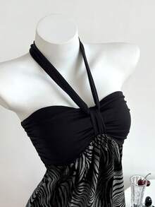 Elamini Vestido de mujer sin tirantes con bloque de color y estampado de leopardo fruncido - Gris Oscuro - Ver 3