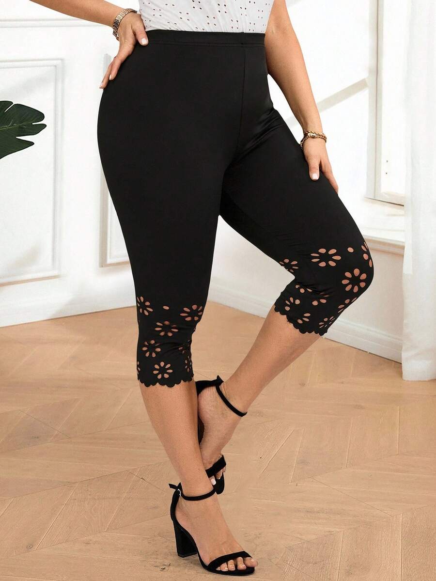 SHEIN Tall CURVE Quần legging nữ cỡ lớn màu đen dài đến khuỷu tay (7/8), kiểu dáng tối giản và thời trang, phù hợp cho mùa hè, kỳ nghỉ và mặc hàng ngày. - màu đen - Xem 1