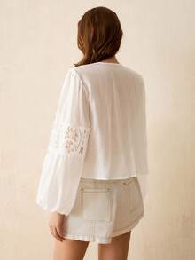 CielaLinda Áo sơ mi nữ phối ren Tencel, kiểu buộc dây phía trước, màu trắng, phong cách bohemian, thường ngày, thích hợp cho kỳ nghỉ. - trắng - Xem 2