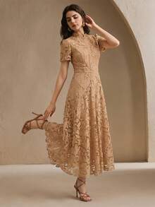 Anewsta Elegant & Fashionable Embroidered Fabric Design Dress For Women, Summer - Khaki - View 4