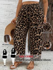 SHEIN Tall CURVE Plus Size Women Leopard Print Loose Casual Pants,Beige Summer Boho Beach Holiday Drawstring Waistband Striped Fashion Elegant Vacation Y2K Outing - Brown - View 1
